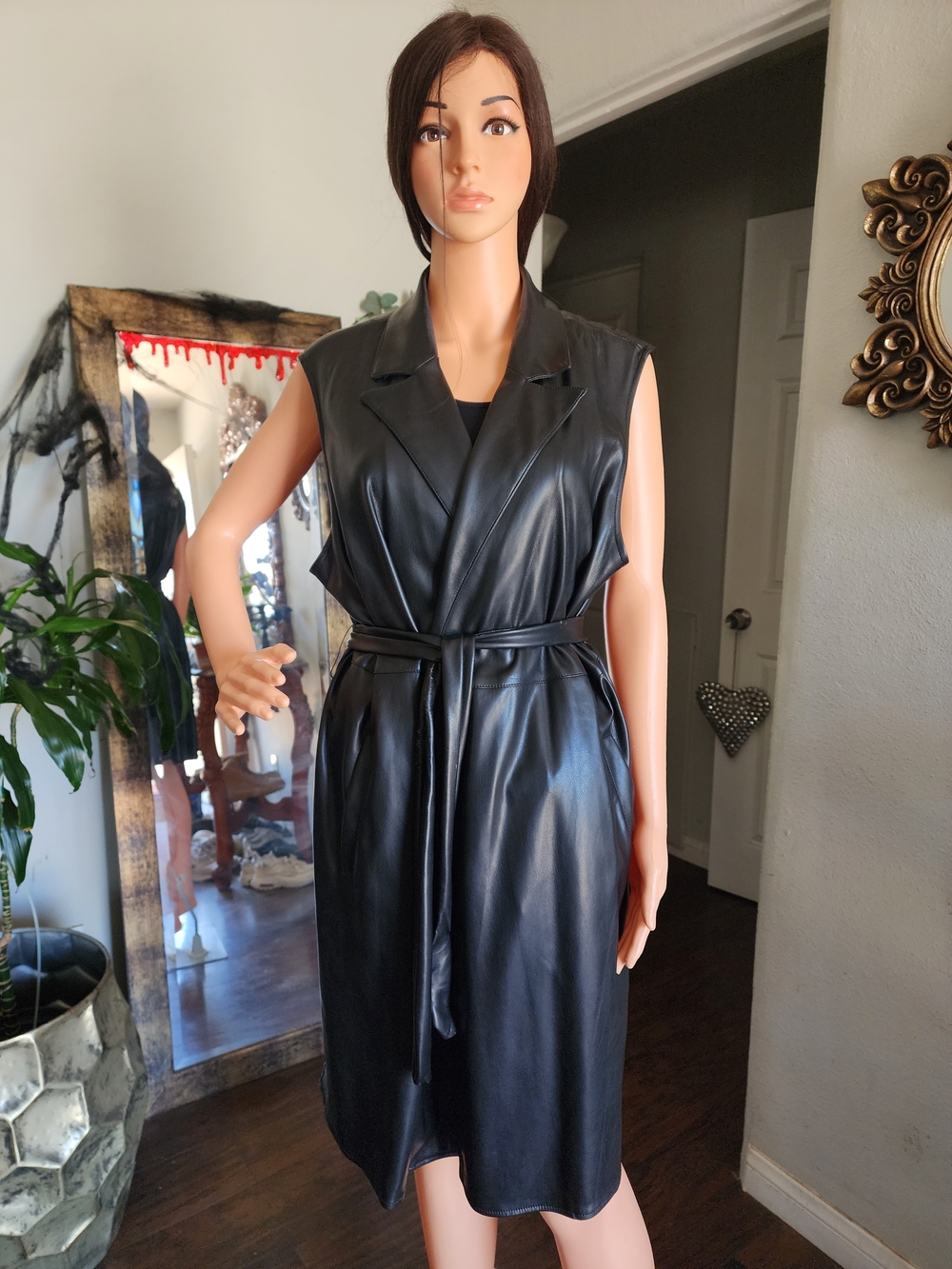 Sleeveless Faux Leather Belted Vest in Black